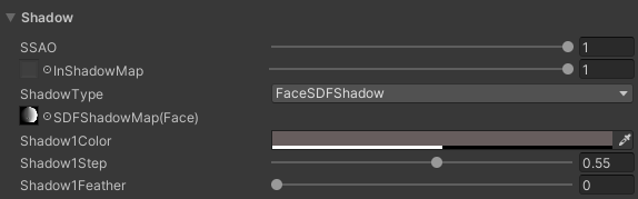 URP Toon 材质面板，包含 FaceSDFShadow、SDF 贴图槽、阴影阈值和羽化控制